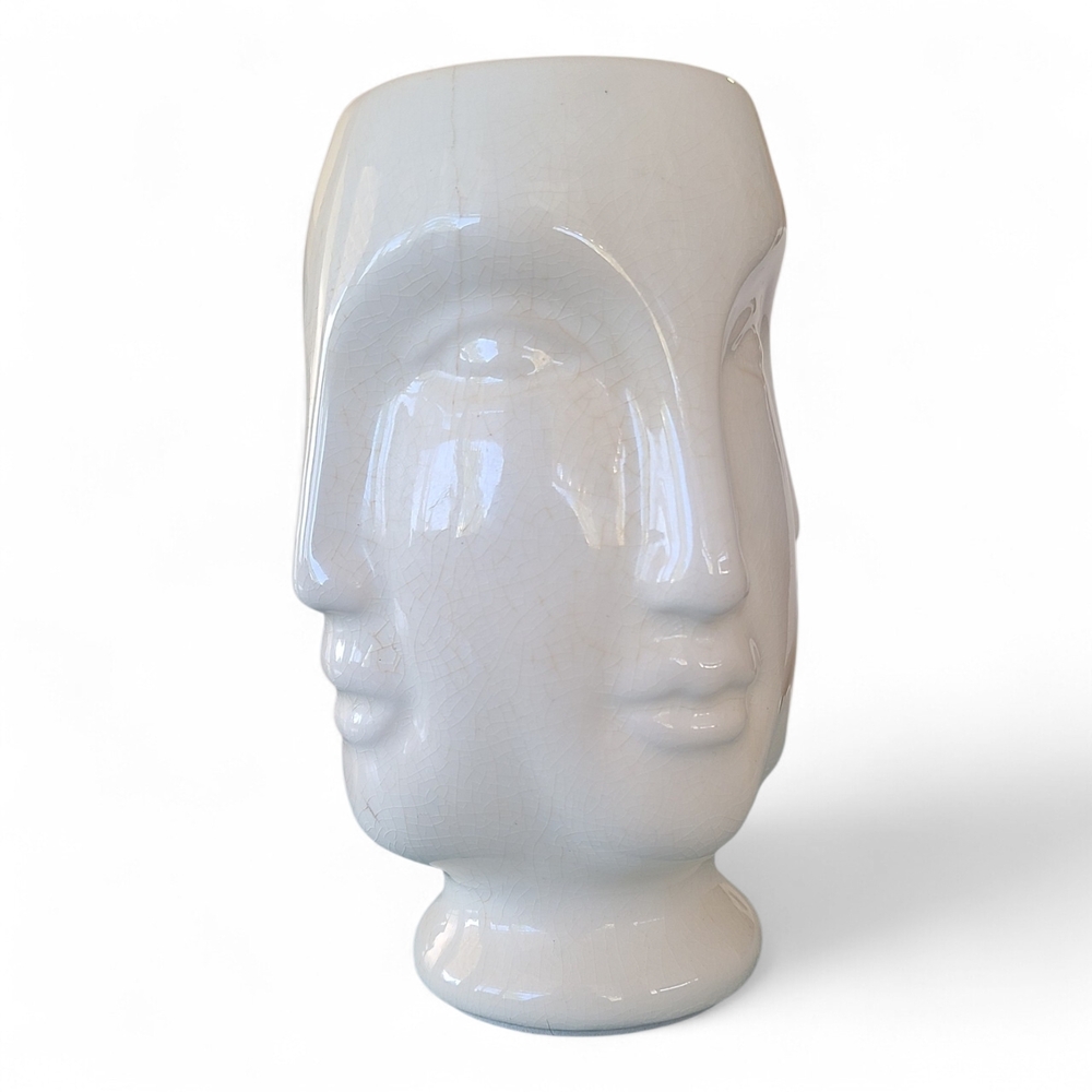 Vtg 4 FACES VASE 6” MCM Style Ceramic Crackle Glaze Ivory White Unique Gift